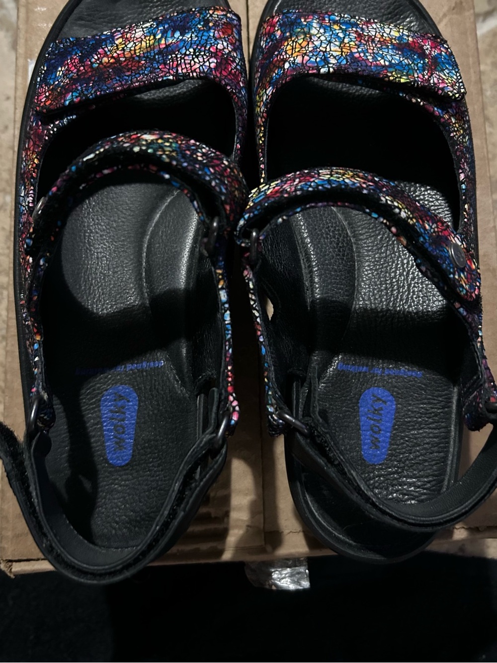 Wolky Womens Black Sandals with Multicolor Sparkle Upper and Red Outsole